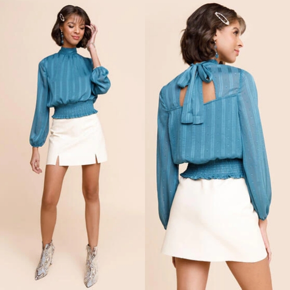 FRANCESCA'S COLLECTIONS Lauren Smocked Open Back Teal Blouse Size Medium - Picture 1 of 13